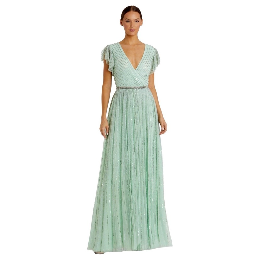 Mac Duggal 5502 Mint Green Sequin Flutter Sleeve A-Line Formal Gown Size 10 $698